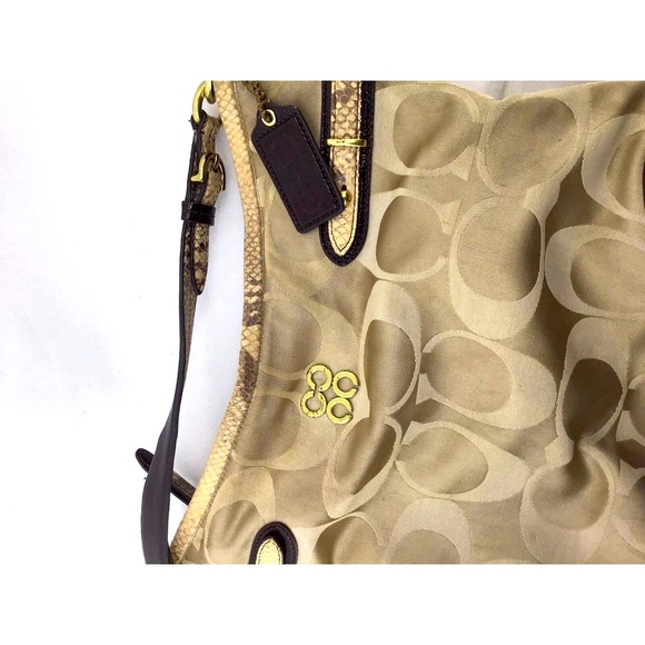 Coach Colette Signature Beige Sateen Python Leather Hobo Bag Size 13X13 - Picture 8 of 12